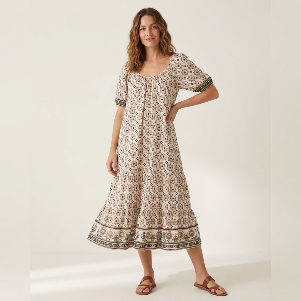 Cleobella Paula Midi Dress 100% Organic Cotton White Geometric Puff Sleeve Sz XS